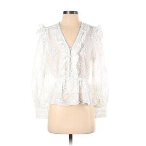 MAJE Ecru Loxana Ruffled Embroidered Cotton V-Neck Victorian Blouse - 1 (Small)